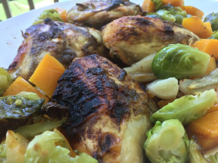 maple mustard roasted chicken with butternut and brussels sprouts Maple Mustard Chicken